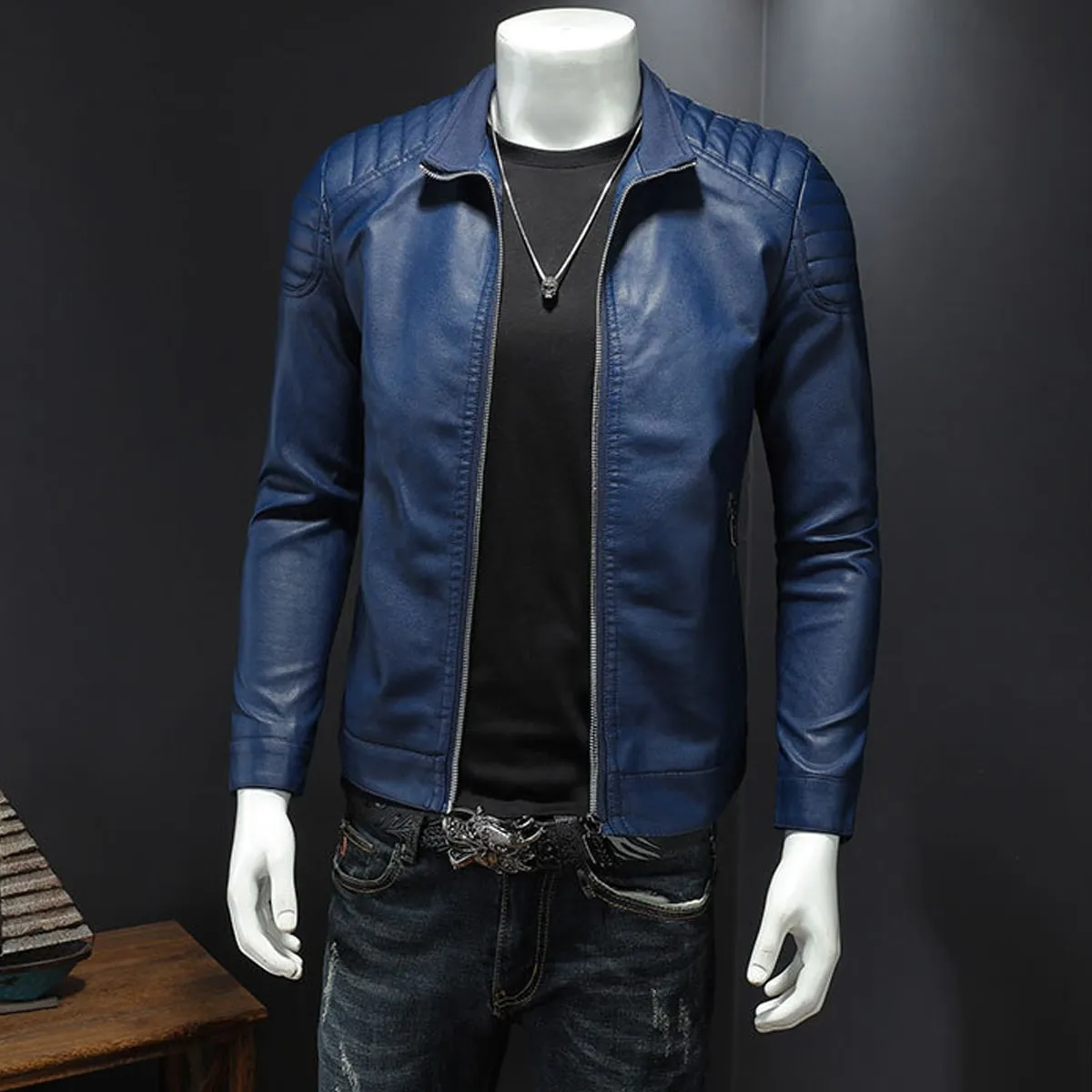 Men’s Blue Biker PU Stand Collar Korean Style Quilted Shoulders Motorcycle Rider Smooth Fashionable Casual Classic Faux Leather Jacket