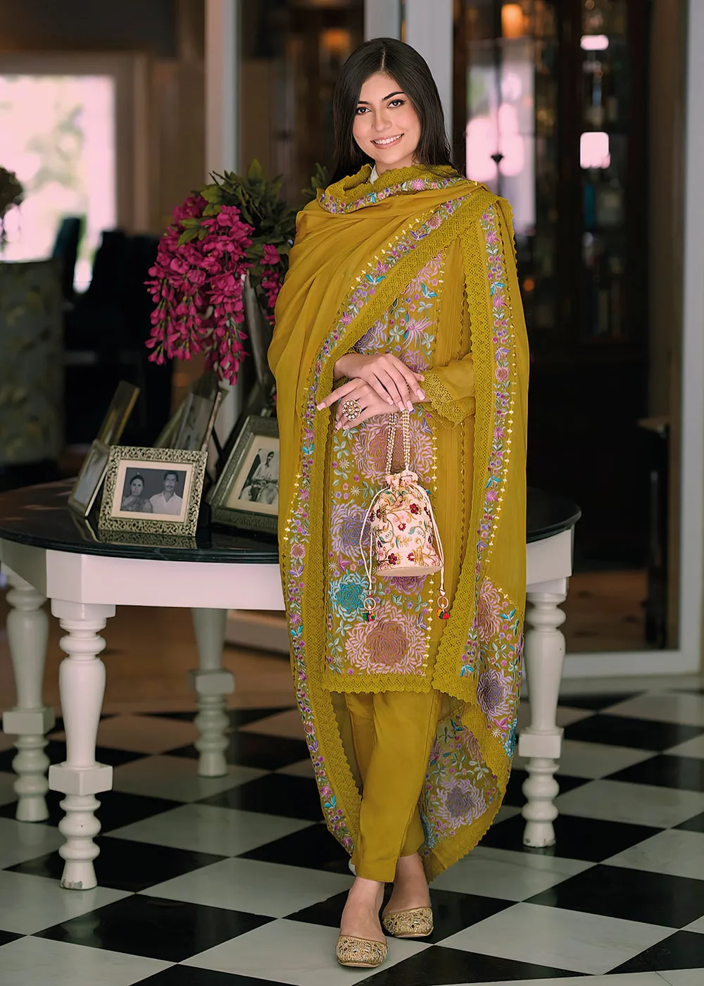 Mustard Organza Fancy Khatli Work Pakistani Style Suit