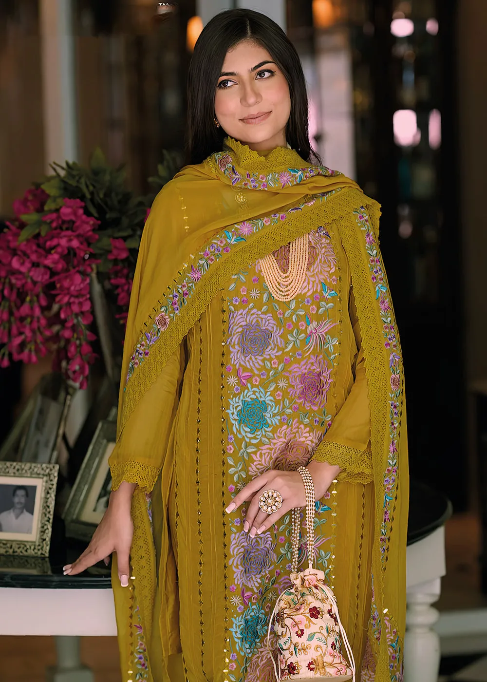 Mustard Organza Fancy Khatli Work Pakistani Style Suit