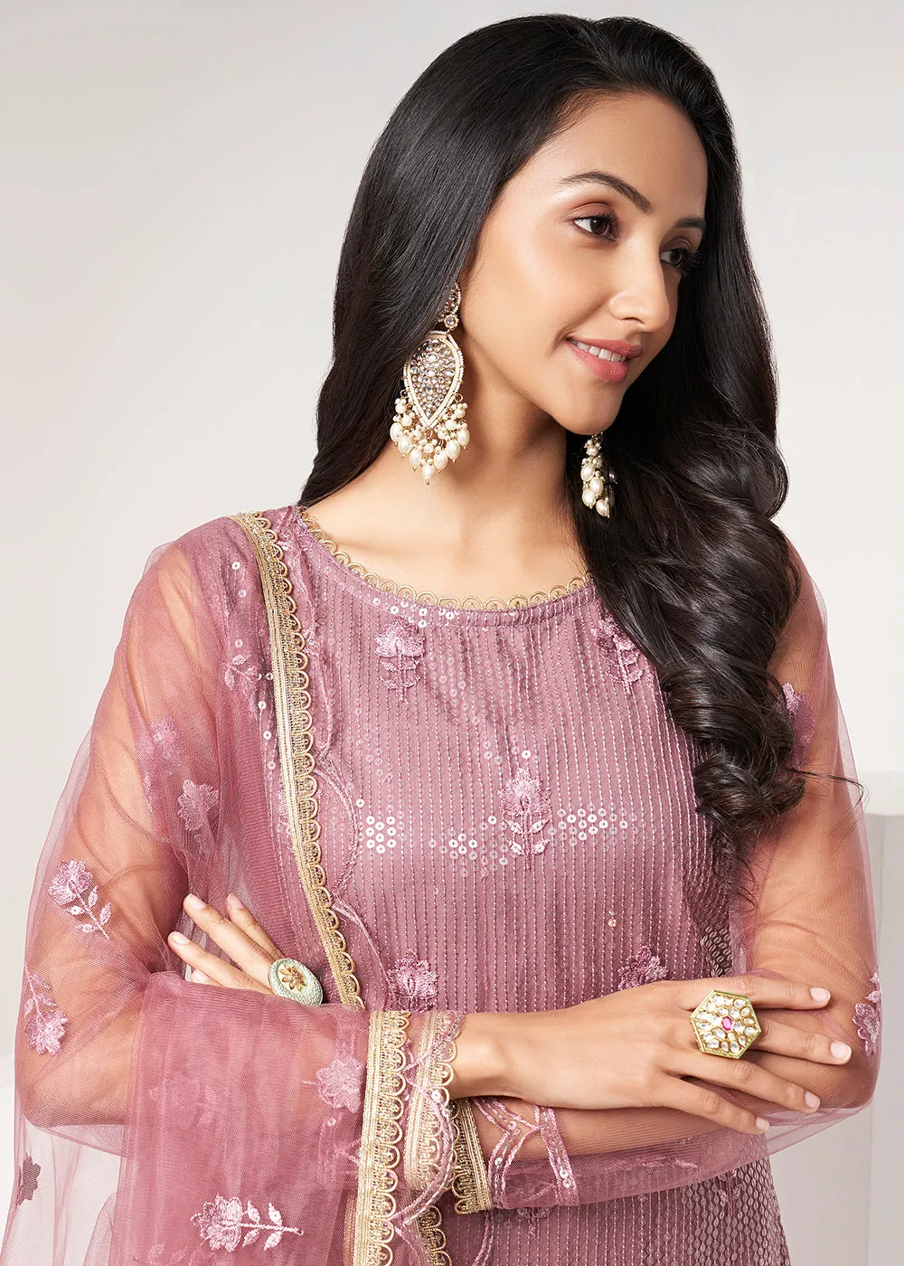 Onion Pink Net Embroidered Festive Salwar Suit