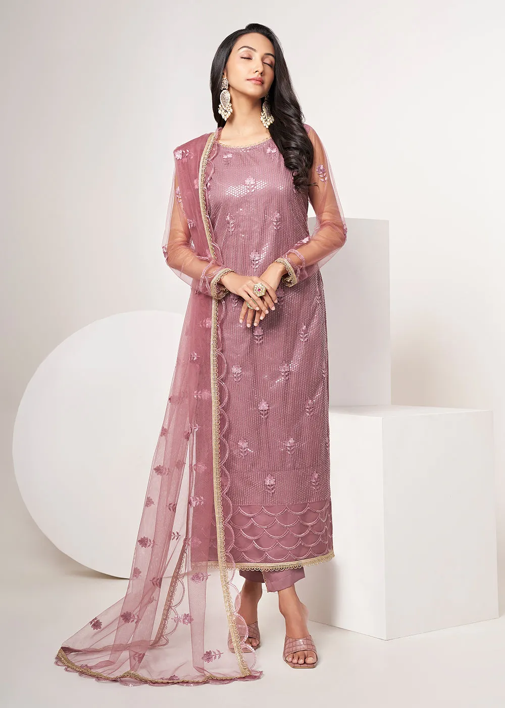 Onion Pink Net Embroidered Festive Salwar Suit