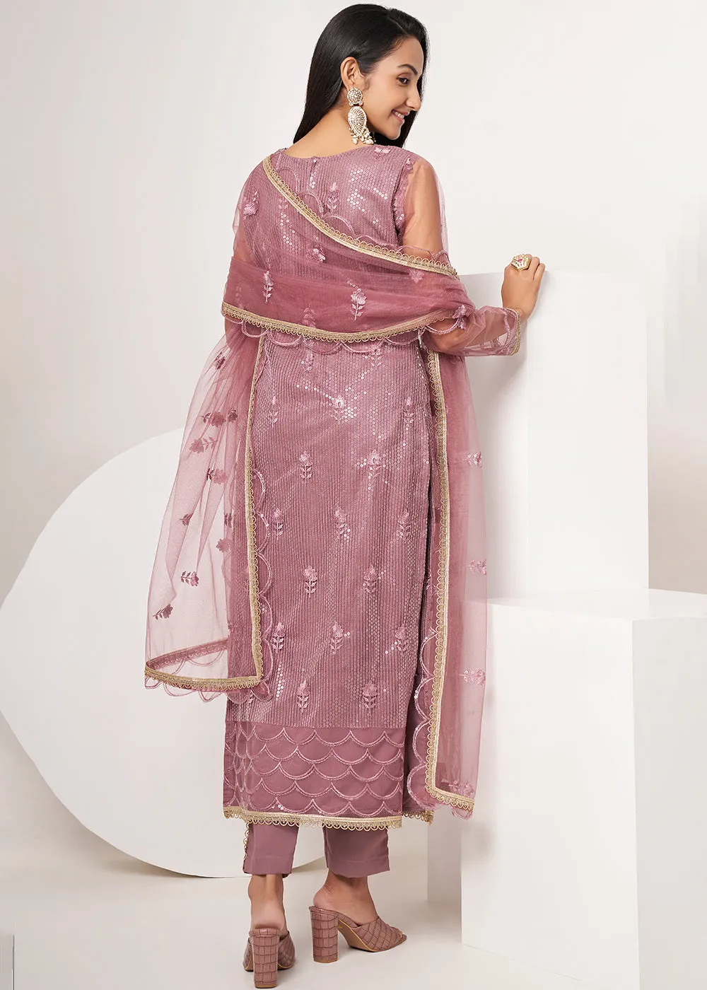 Onion Pink Net Embroidered Festive Salwar Suit