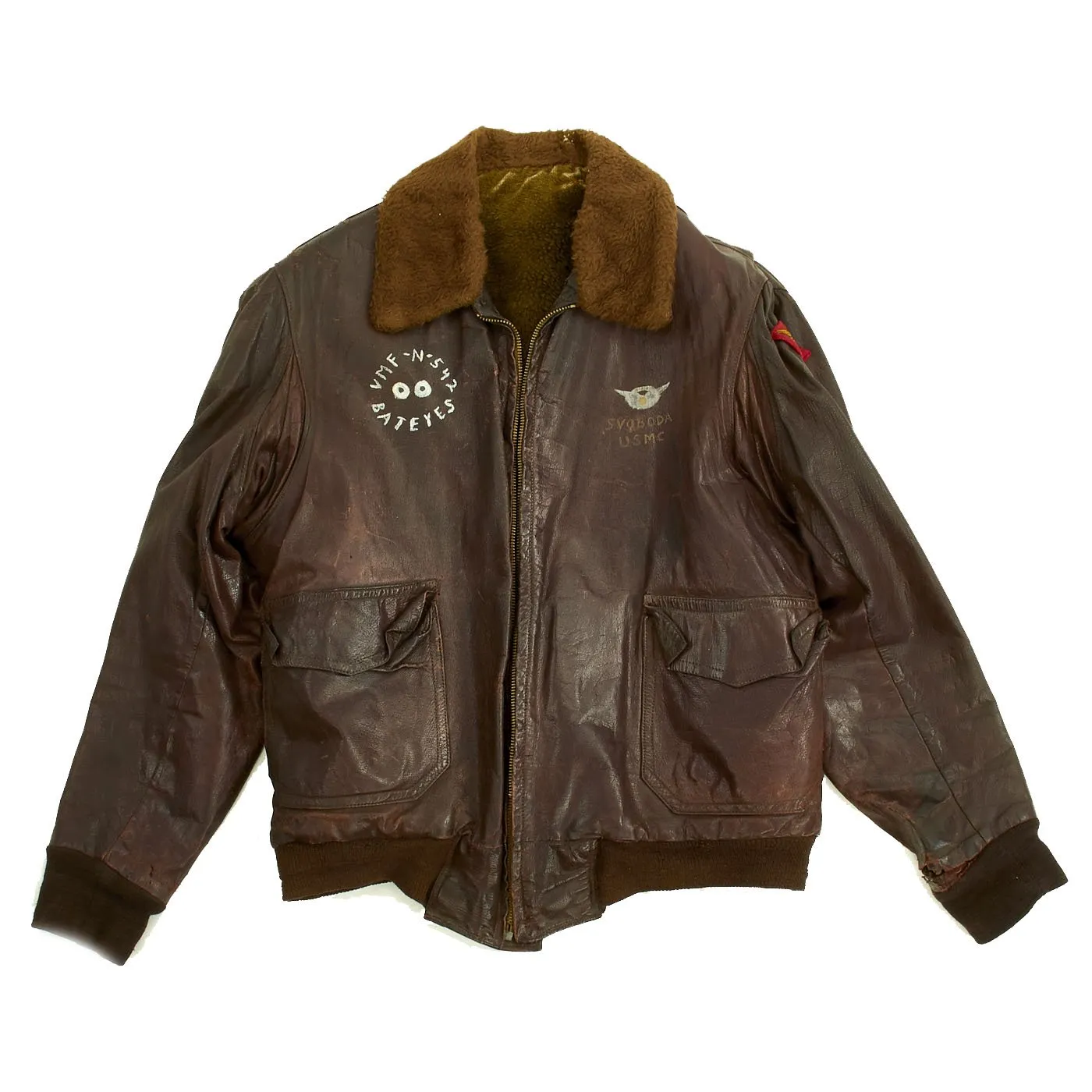 Original U.S. Korean War VMF-N-542 Bateyes Radio Operator Svoboda Painted G-1 Leather Flying Jacket