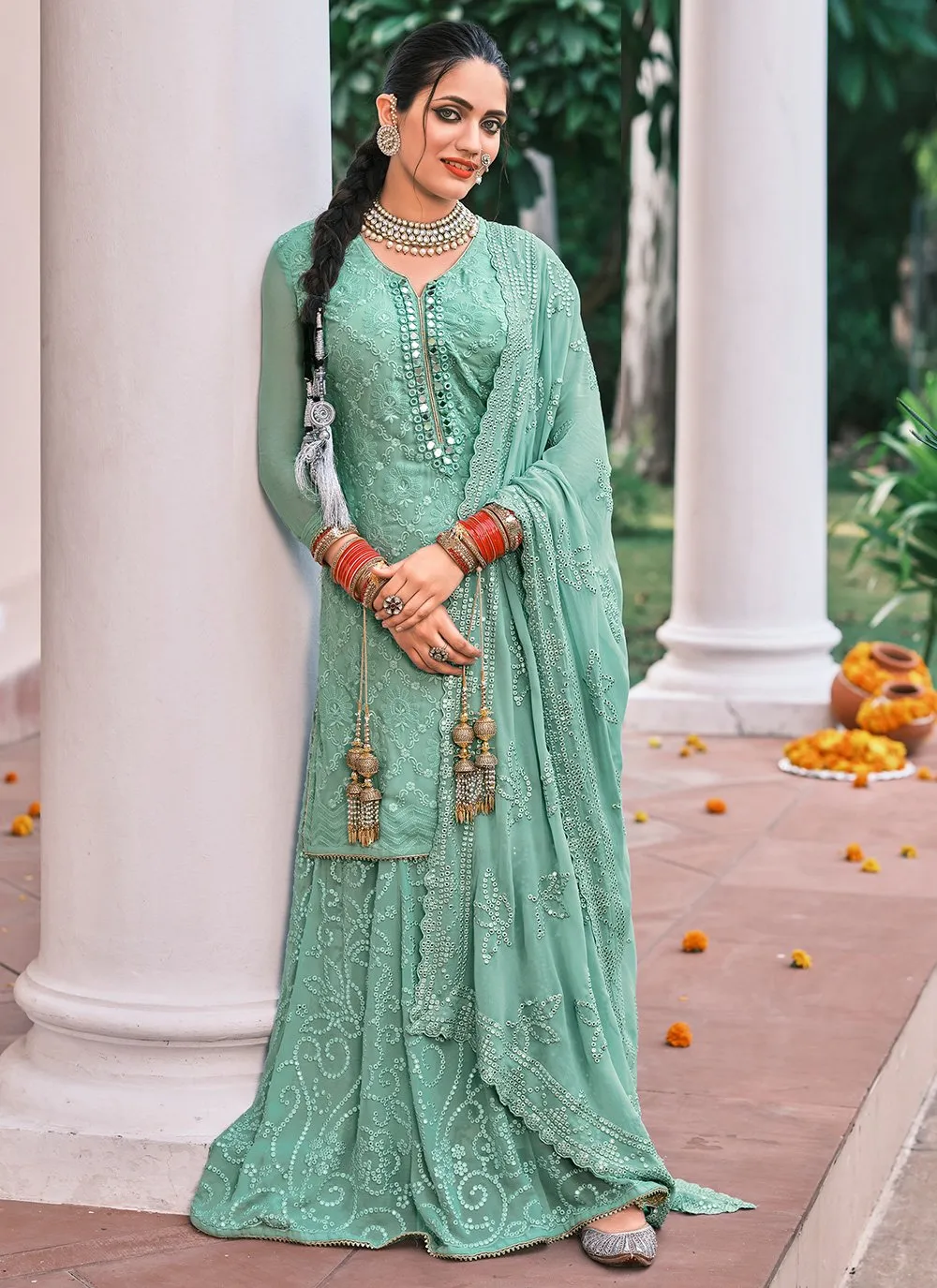 Pakistani Style Sky Blue Embroidered Suit with Palazzo