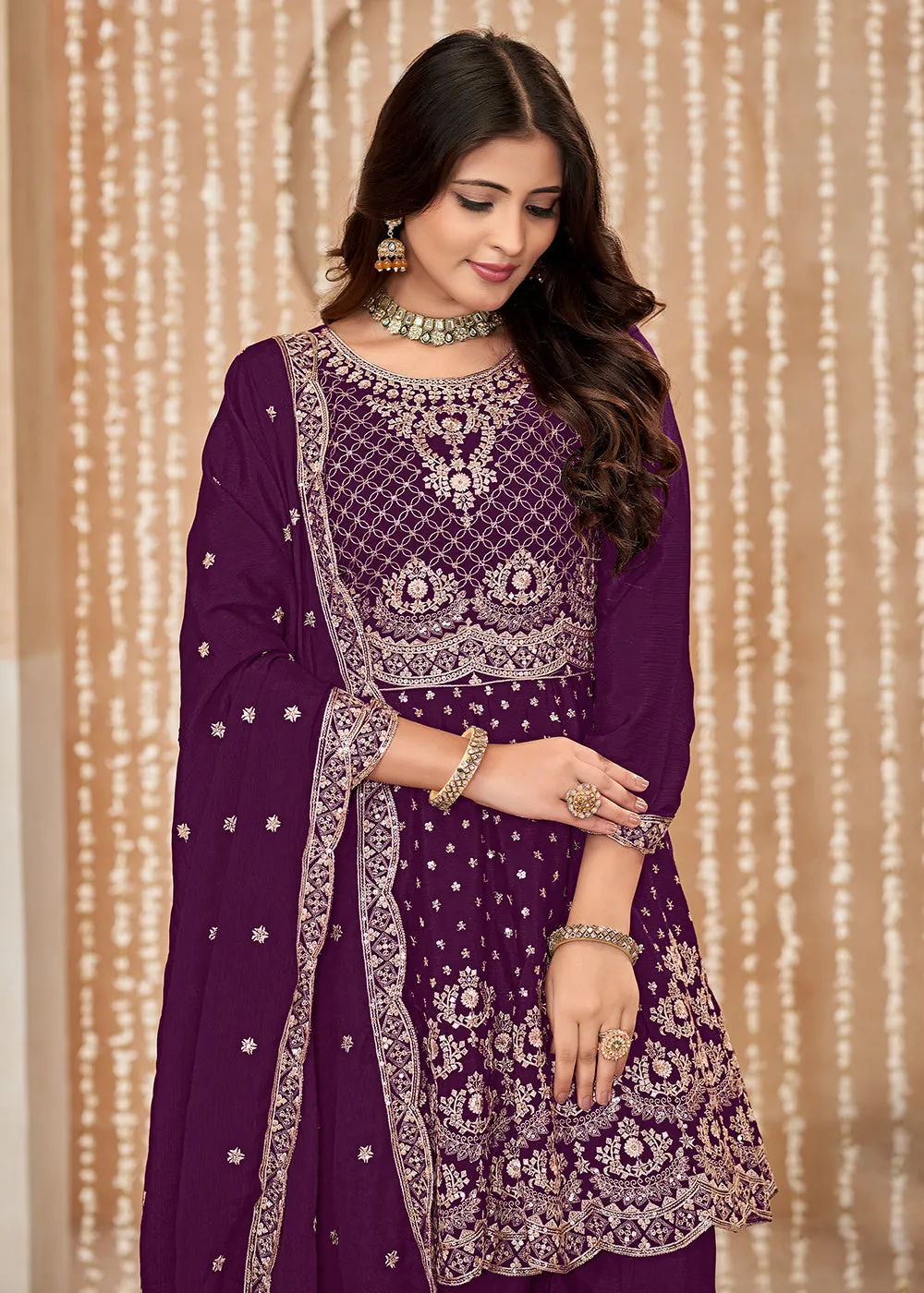 Palazzo Style Purple Embroidered Wedding Festive Suit