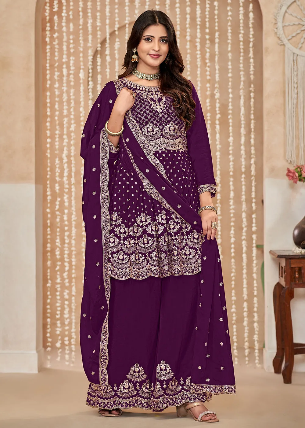 Palazzo Style Purple Embroidered Wedding Festive Suit