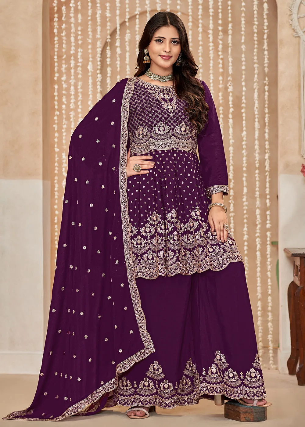 Palazzo Style Purple Embroidered Wedding Festive Suit