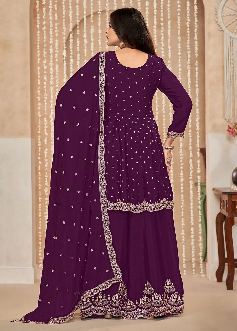 Palazzo Style Purple Embroidered Wedding Festive Suit