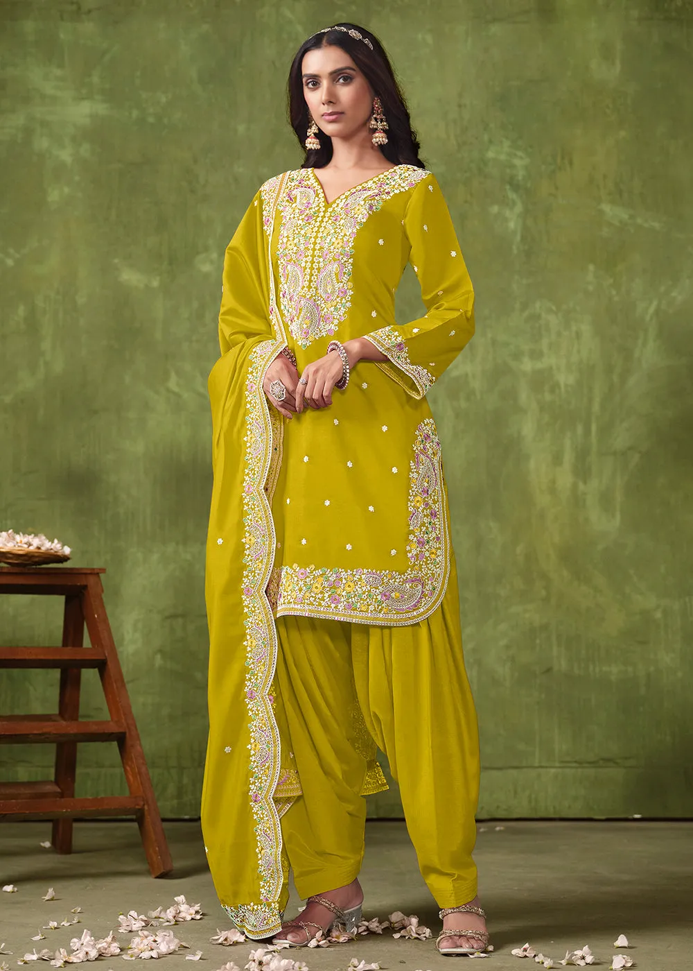 Patiala Style Green Chanderi Silk Punjabi Salwar Suit