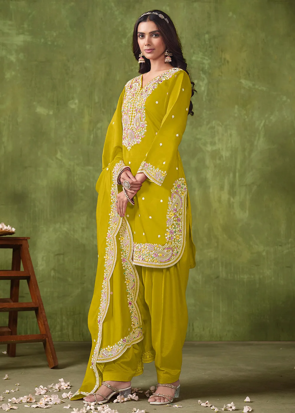 Patiala Style Green Chanderi Silk Punjabi Salwar Suit