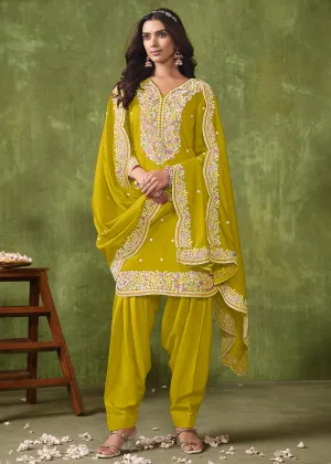 Patiala Style Green Chanderi Silk Punjabi Salwar Suit