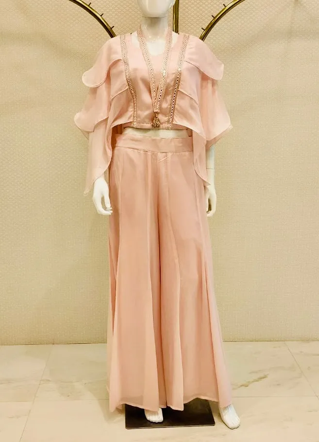 PEACH HUED PALAZZO SET WITH RUFFLE SLEEVED TOP