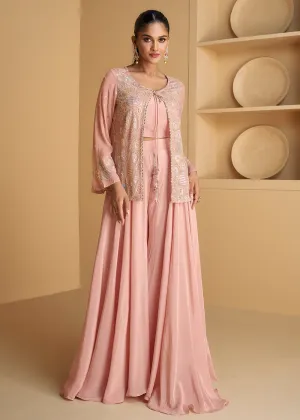 Pink Jacket Style Embroidered Indo Western Palazzo Suit