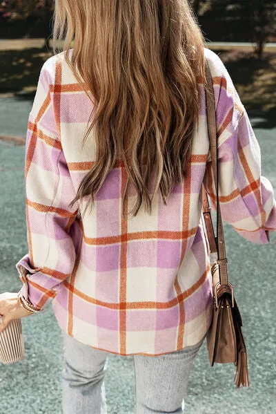 Plaid Button Up Collared Neck Long Sleeve Jacket