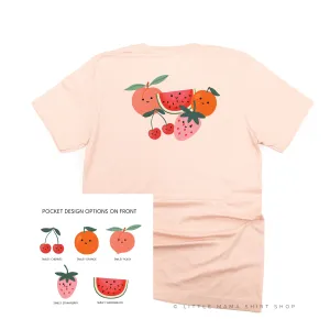 Pocket Fruit (Front) w/ Group of Smiley Fruit (Back) - Unisex Tee