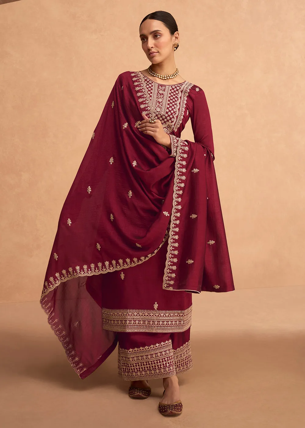 Pretty Maroon Premium Silk Embroidered Indian Palazzo Suit