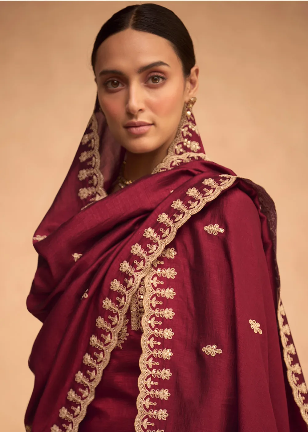 Pretty Maroon Premium Silk Embroidered Indian Palazzo Suit