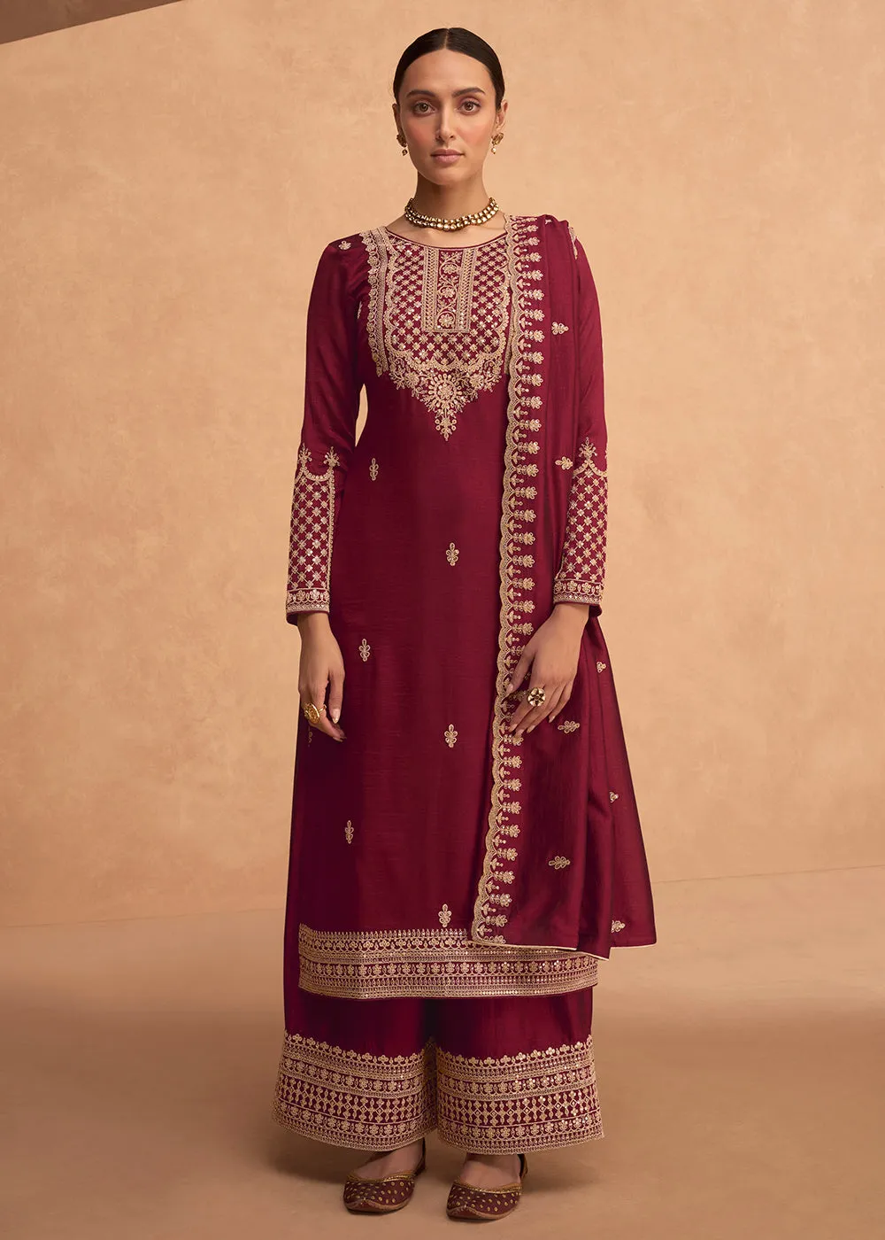 Pretty Maroon Premium Silk Embroidered Indian Palazzo Suit