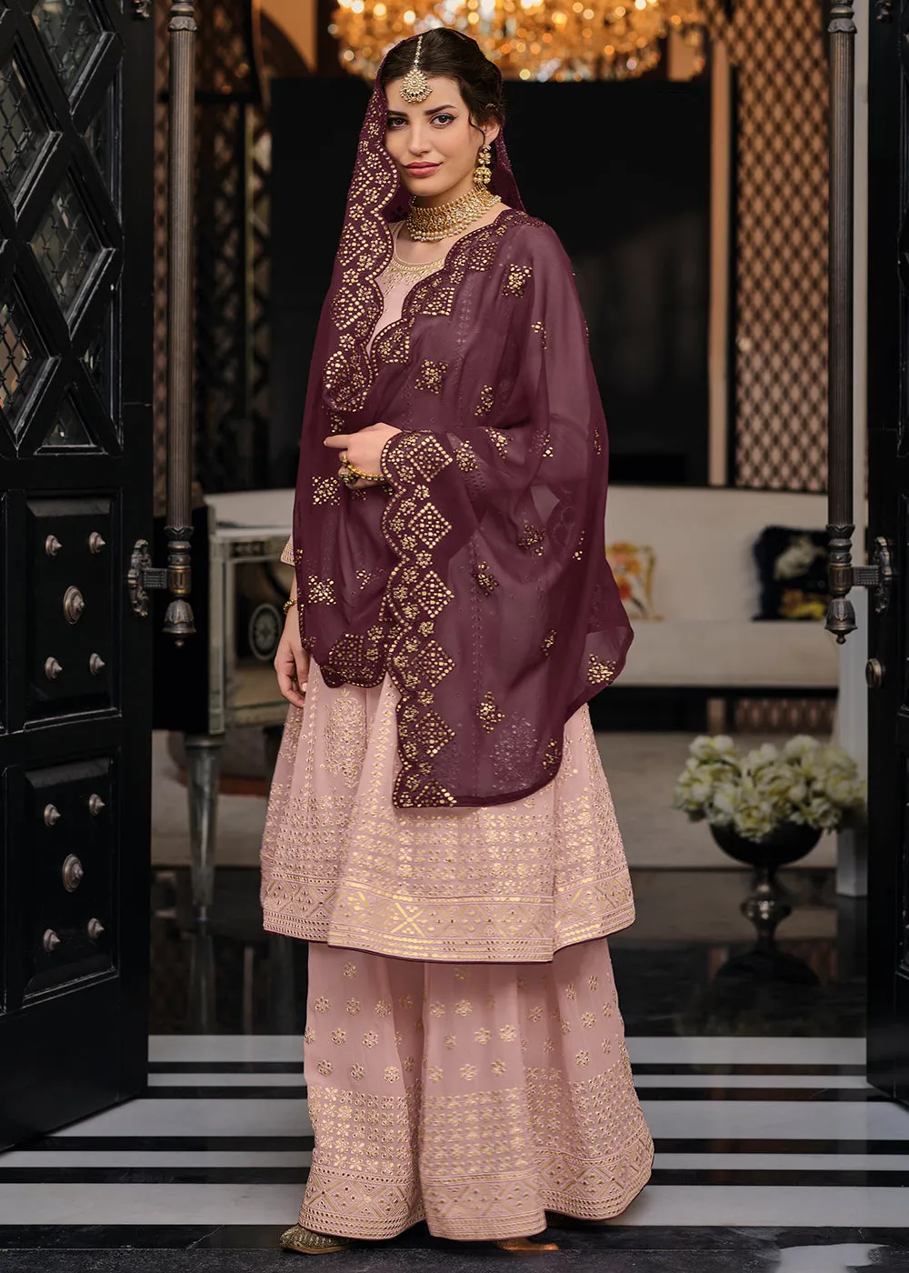 Punjabi Style Intricate Pink Wedding Palazzo Suit