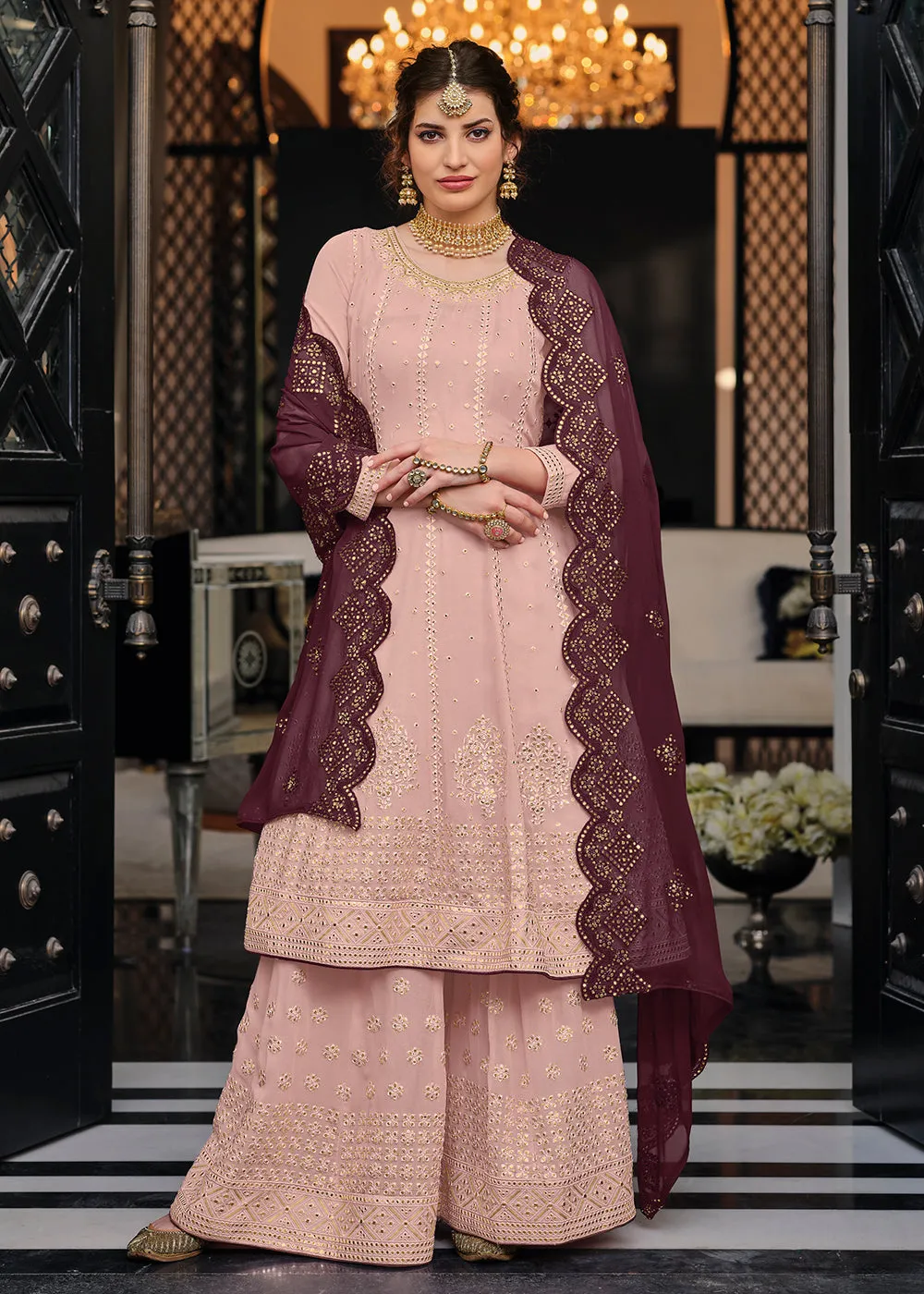 Punjabi Style Intricate Pink Wedding Palazzo Suit