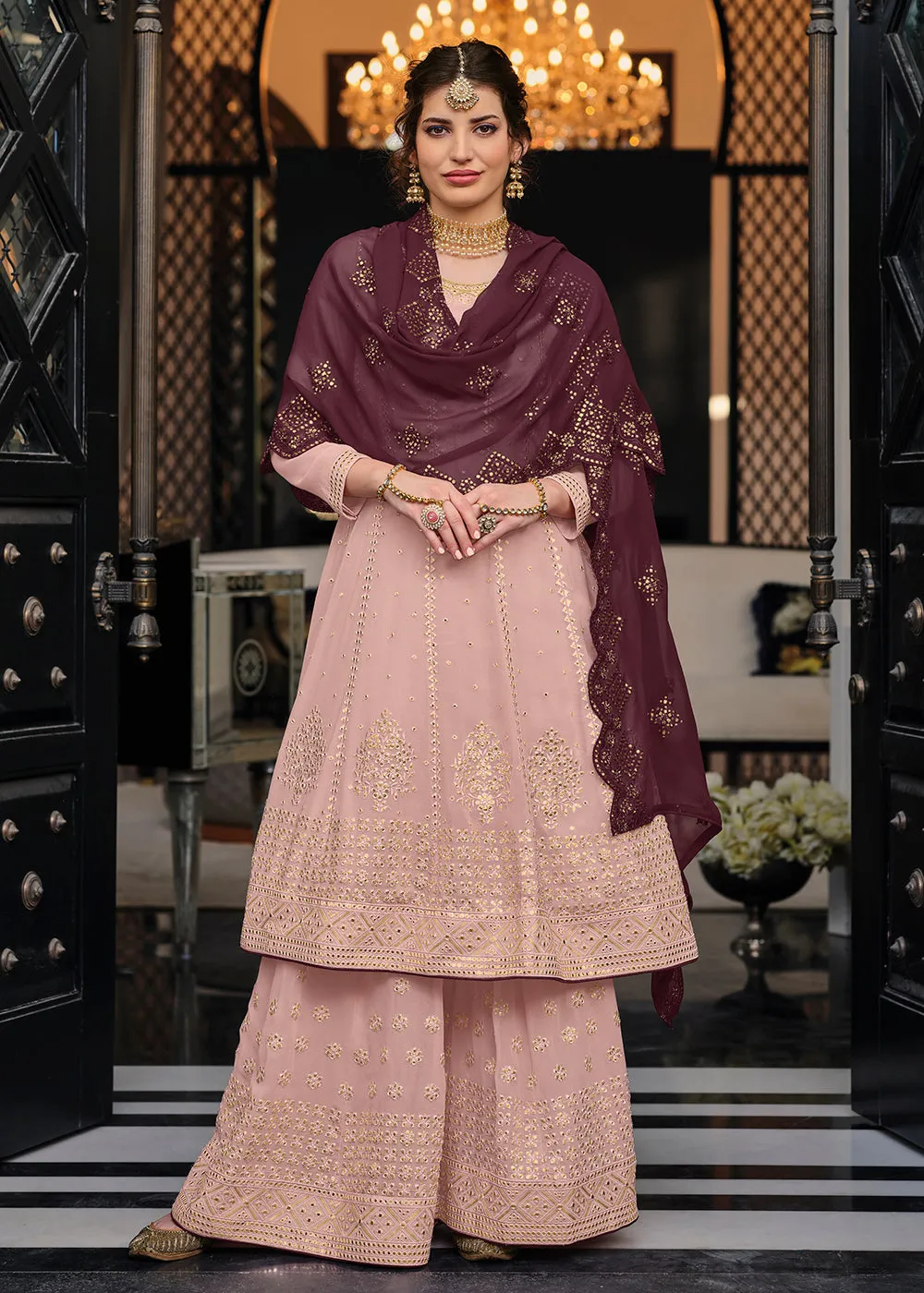 Punjabi Style Intricate Pink Wedding Palazzo Suit