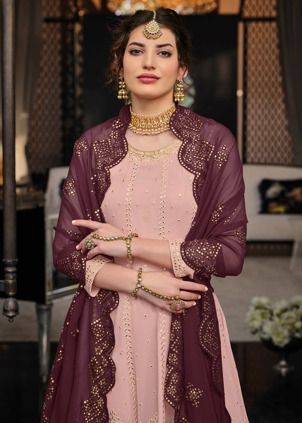 Punjabi Style Intricate Pink Wedding Palazzo Suit