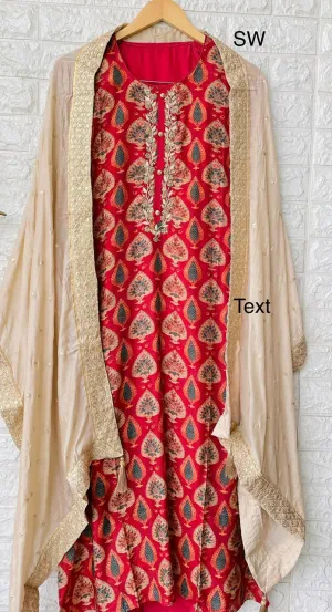 Red Muslin Digital Print semi stitched suit