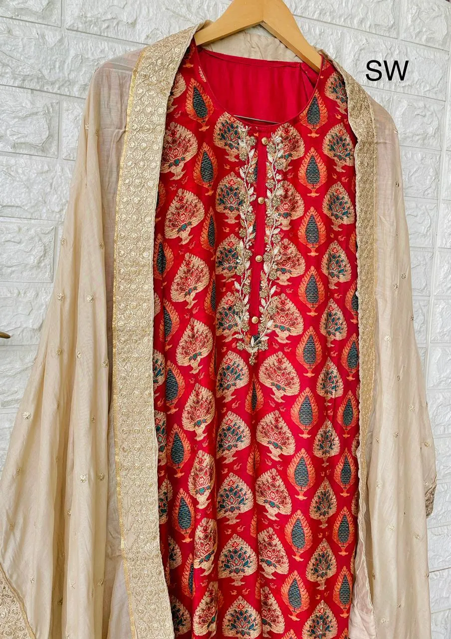 Red Muslin Digital Print semi stitched suit