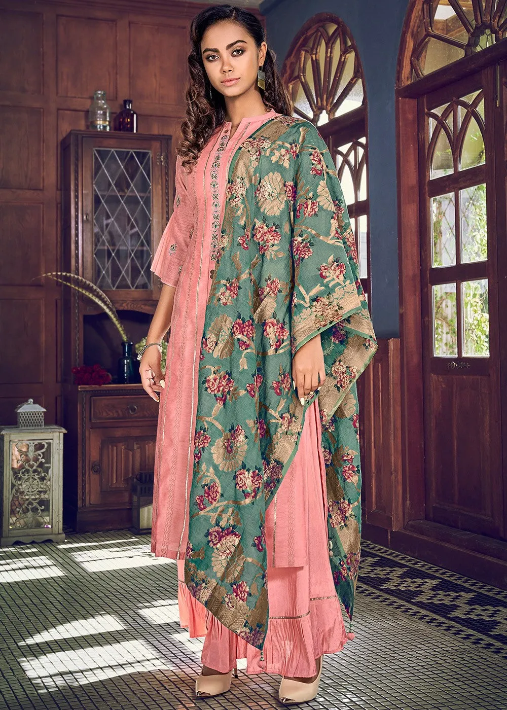 Sharara Style Salmon Pink Embroidered Designer Suit