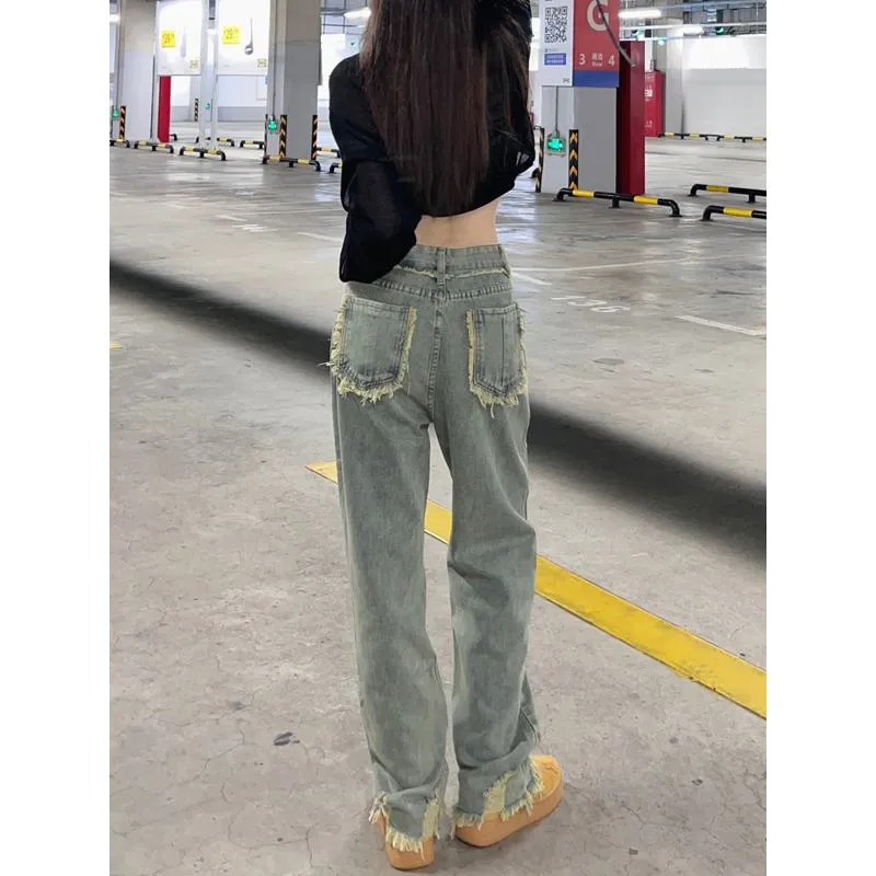 Slimming Tassel High-Waisted Straight Pants Distressed Loose Fit Washed Retro Versatile Jeans