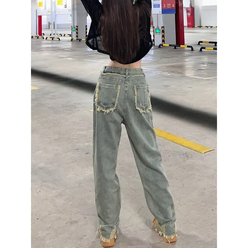 Slimming Tassel High-Waisted Straight Pants Distressed Loose Fit Washed Retro Versatile Jeans