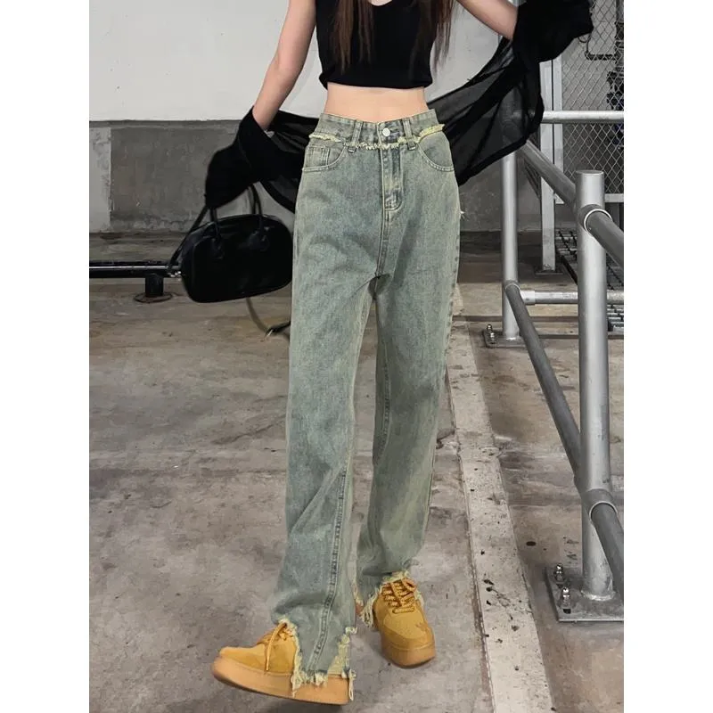 Slimming Tassel High-Waisted Straight Pants Distressed Loose Fit Washed Retro Versatile Jeans