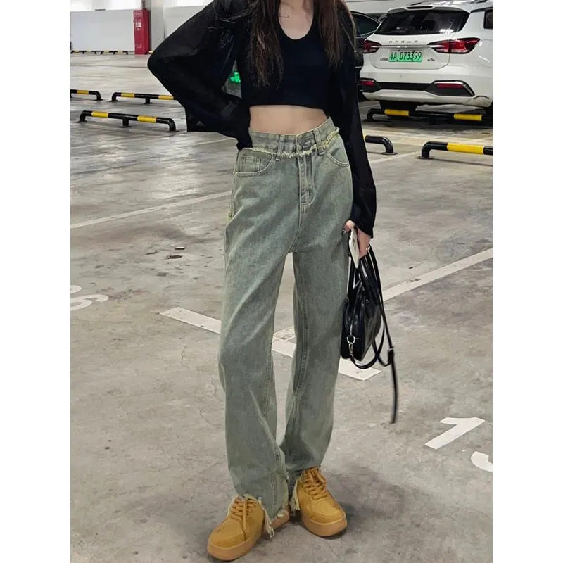 Slimming Tassel High-Waisted Straight Pants Distressed Loose Fit Washed Retro Versatile Jeans