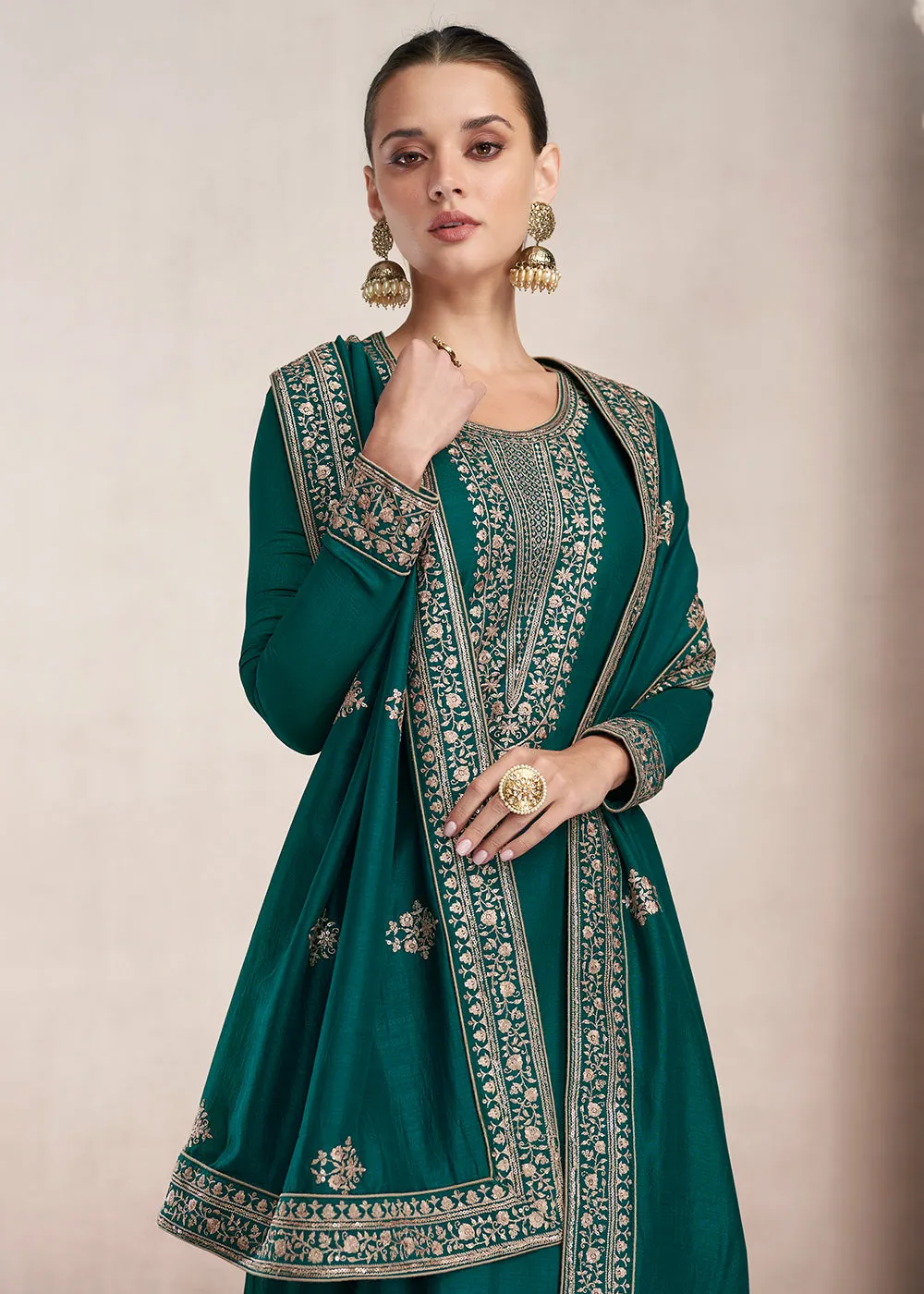 Straight Cut Bottle Green Silk Festive Salwar Kameez