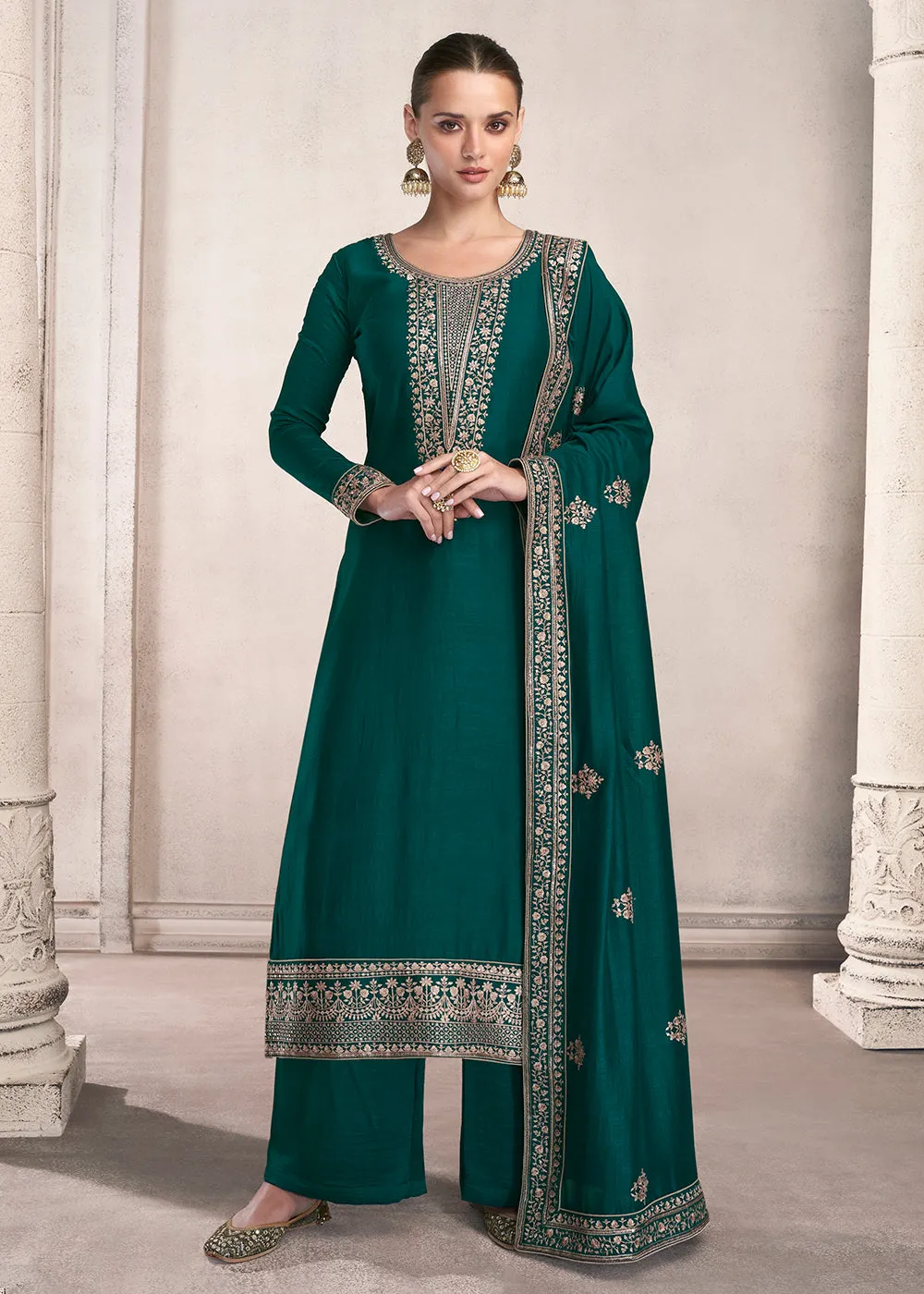 Straight Cut Bottle Green Silk Festive Salwar Kameez