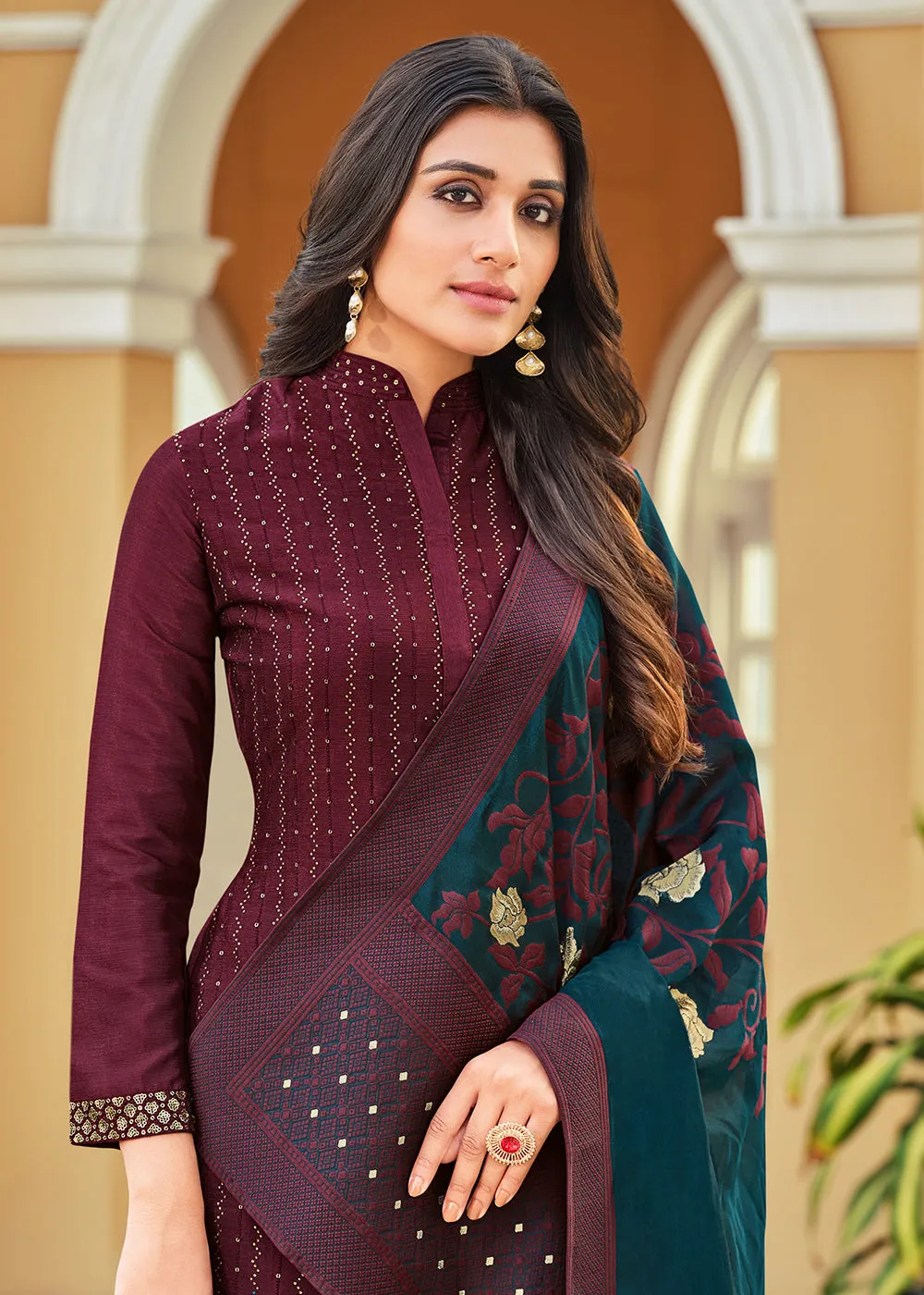 Swarovski Embroidered Brownish Maroon Pant Salwar Suit