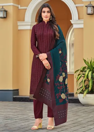 Swarovski Embroidered Brownish Maroon Pant Salwar Suit