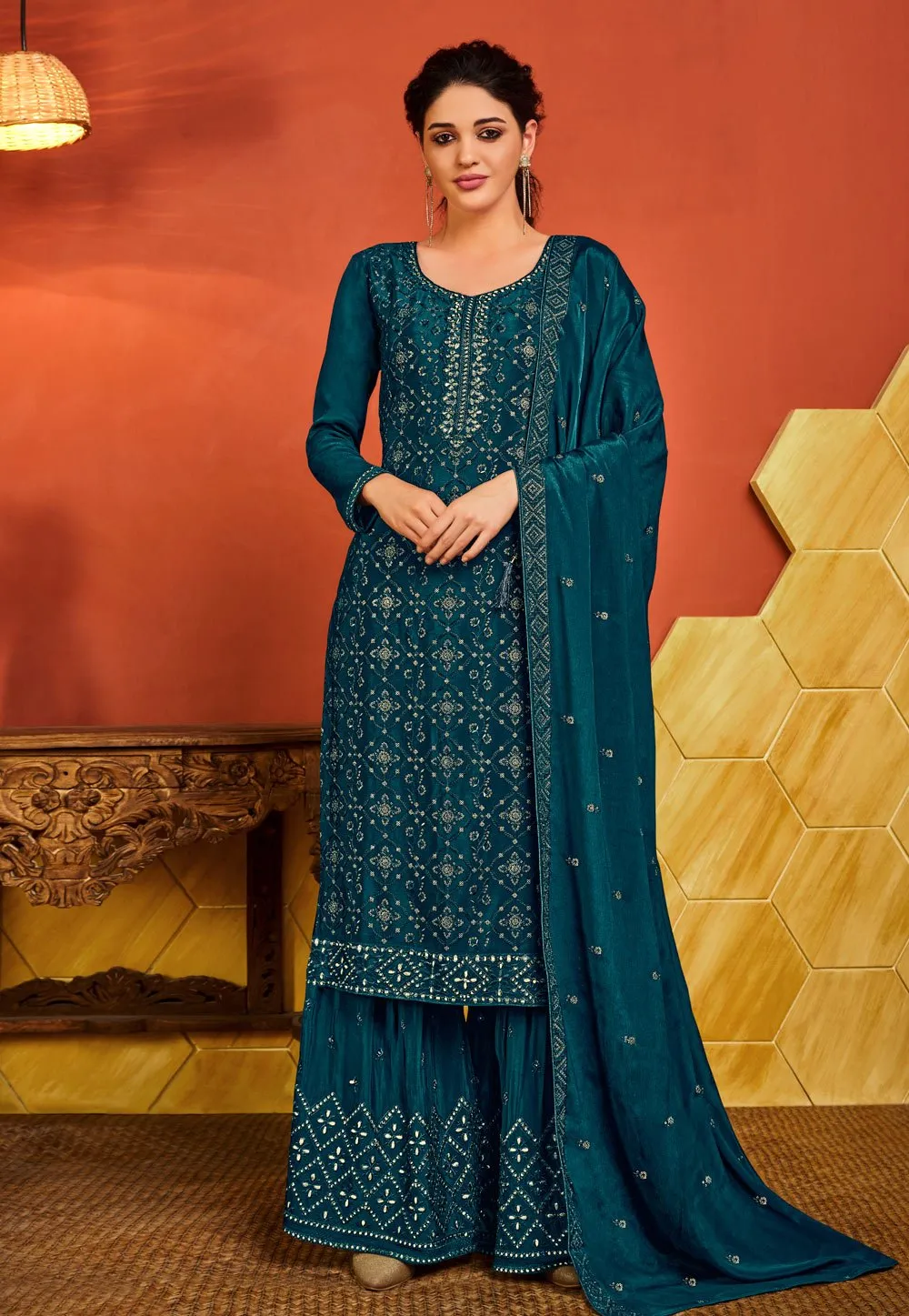 Turquoise Chinnon Sequins Embroidered Palazzo Suit