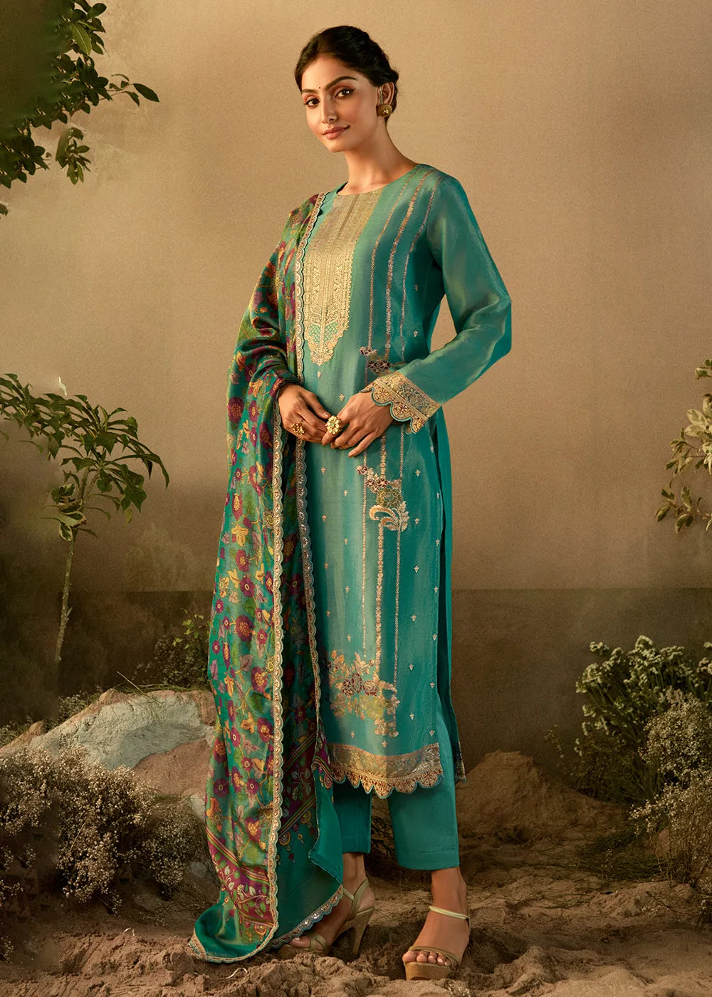 Turquoise Pure Zari Banarasi Tissue Festive Wear Salwar Suit