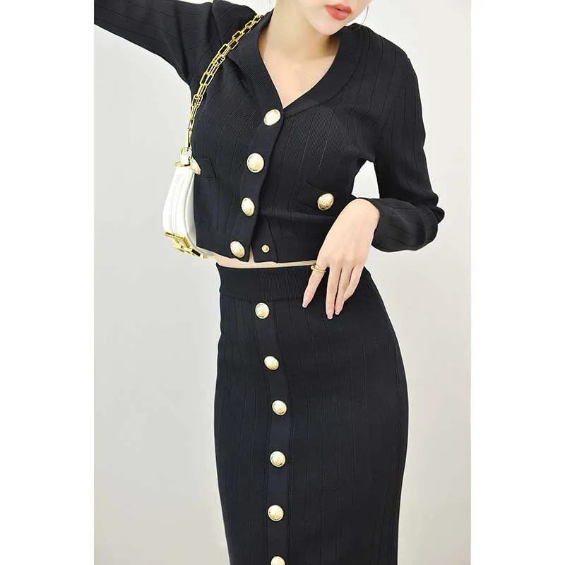 Women Knitwear Cardigan Top Skirt Suit