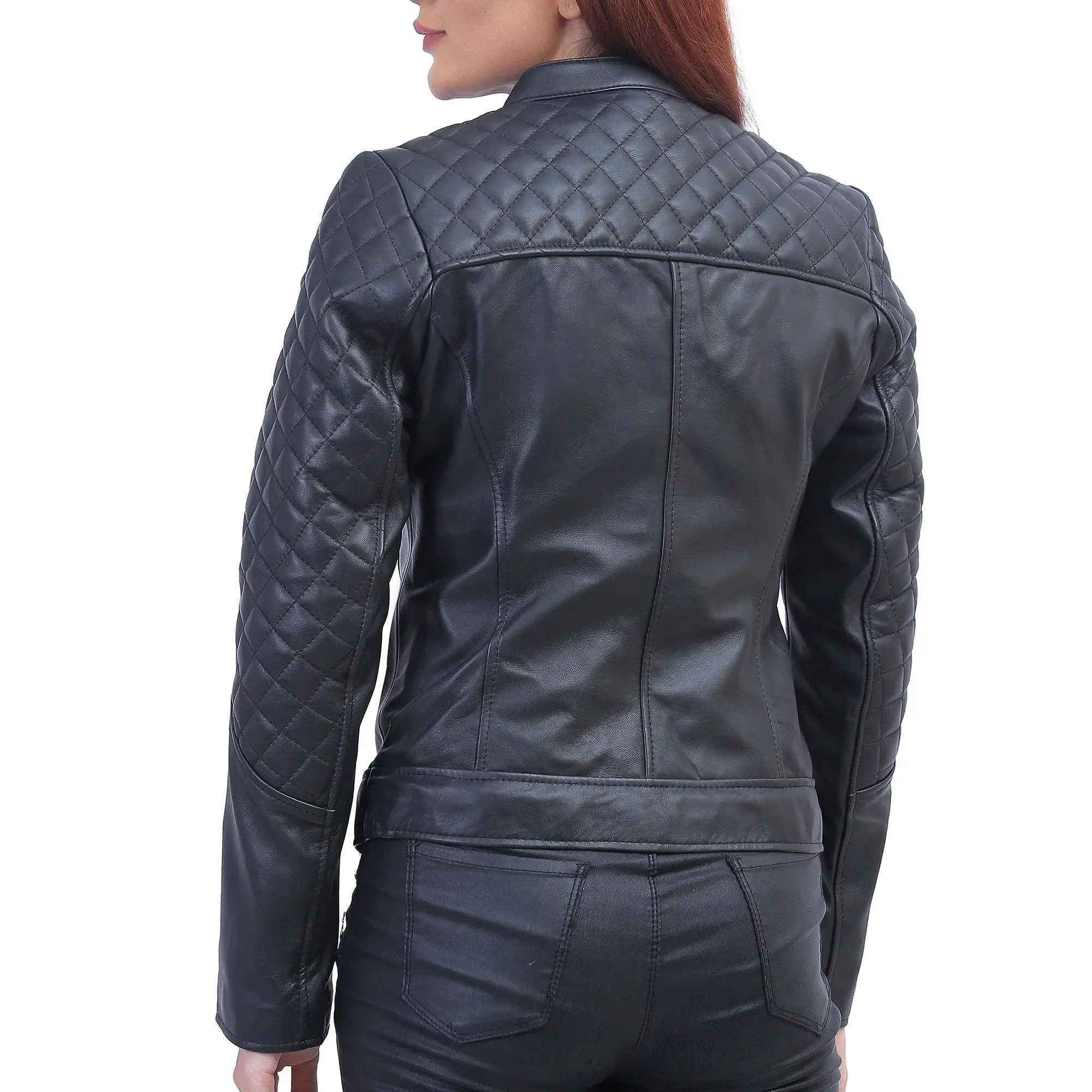 Womens Black Quilted Cafe Racer Jacket