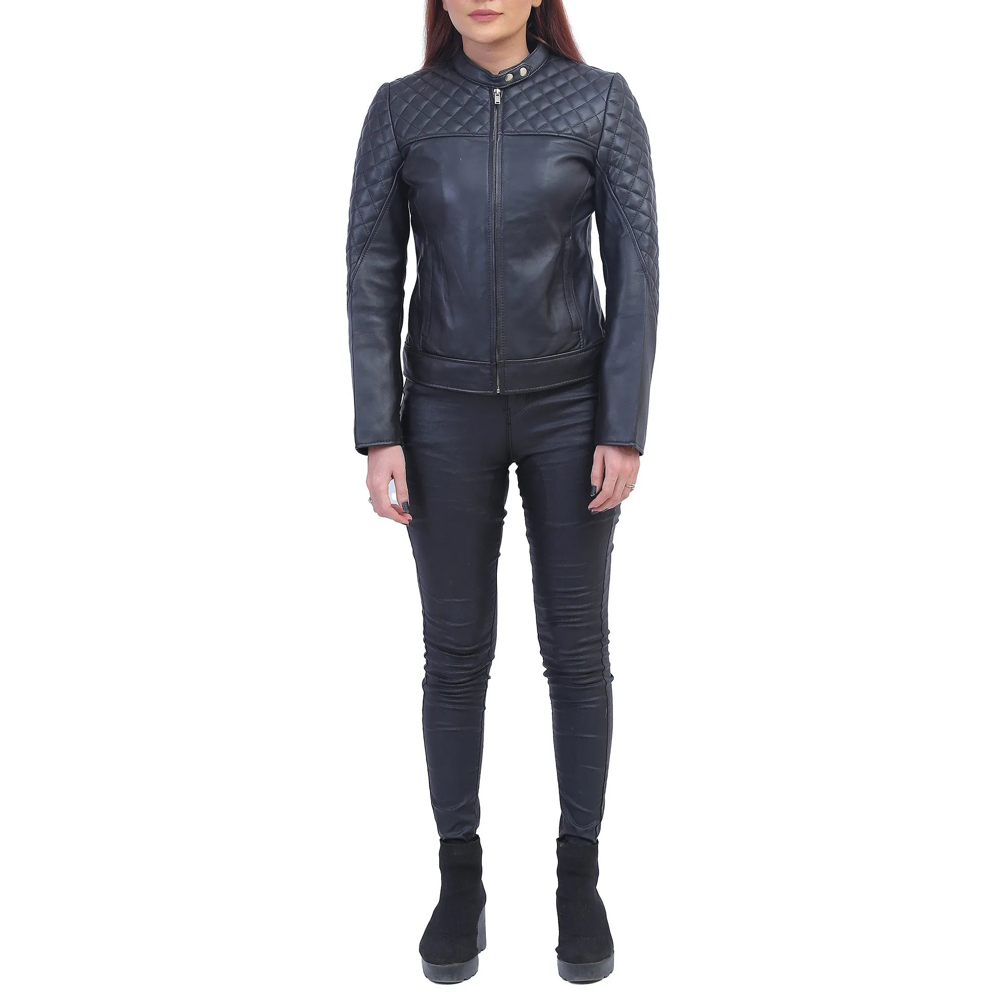 Womens Black Quilted Cafe Racer Jacket