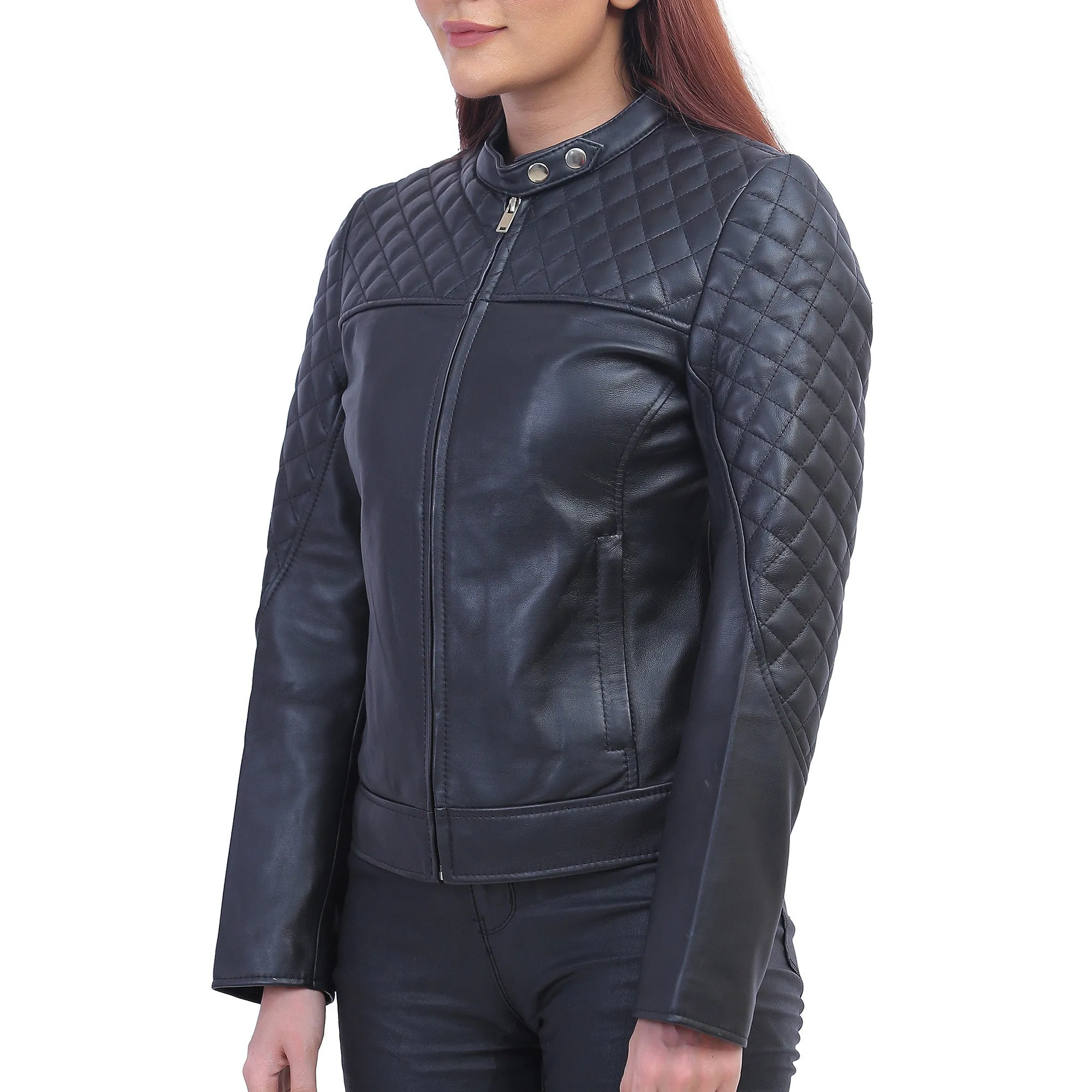 Womens Black Quilted Cafe Racer Jacket