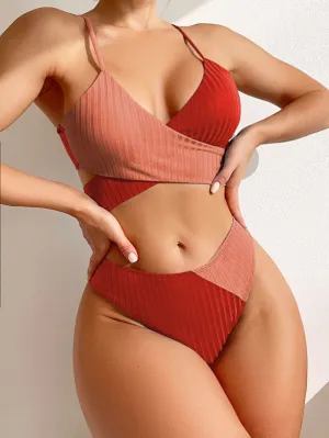 Women's Color Block Cross Front High Waist Bikini Set