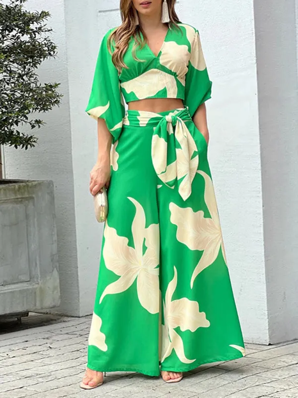 Women's Printed V-neck Lantern Sleeve Short Shirt, High Waist Wide-leg Pants Two-piece Set