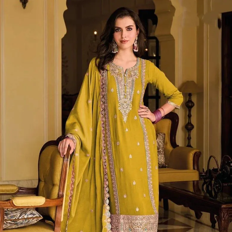 Wonderful Mustard Yellow Colored Pure Silk Heavy Chinon Embroidery Work Salwar Suits