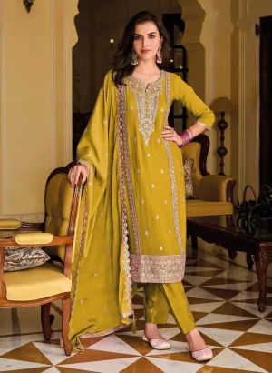 Wonderful Mustard Yellow Colored Pure Silk Heavy Chinon Embroidery Work Salwar Suits