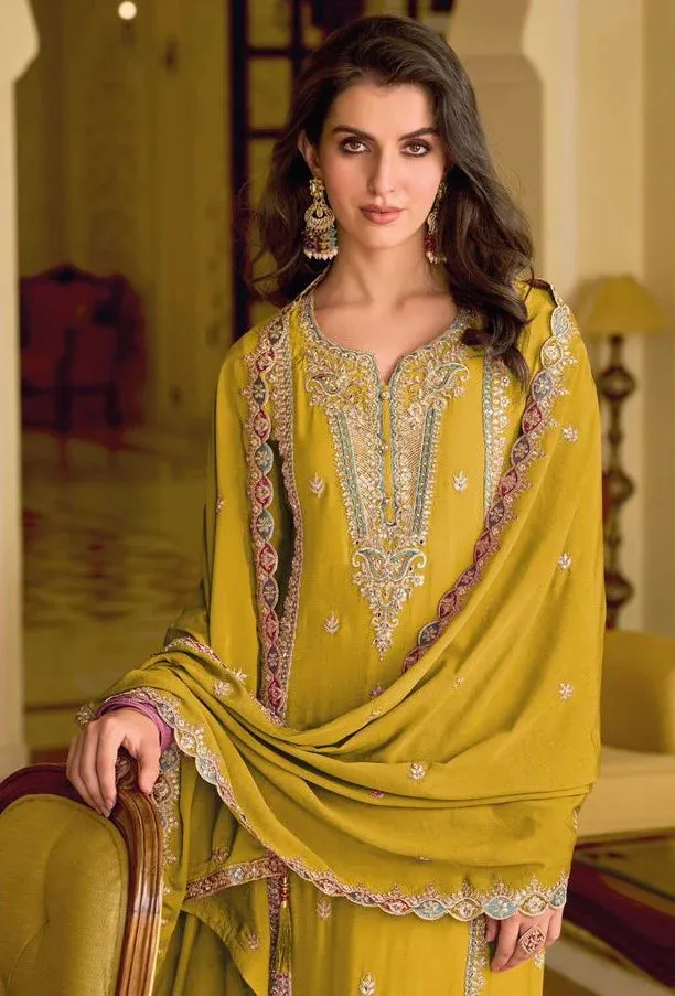 Wonderful Mustard Yellow Colored Pure Silk Heavy Chinon Embroidery Work Salwar Suits