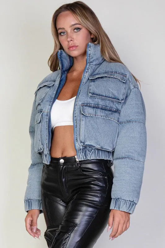 Zip Up Puffy Denim Jean Jacket