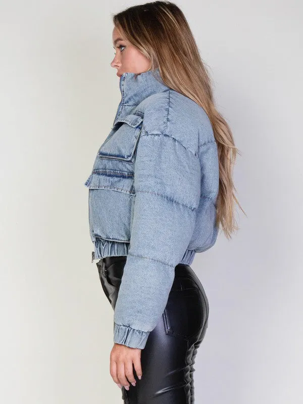 Zip Up Puffy Denim Jean Jacket